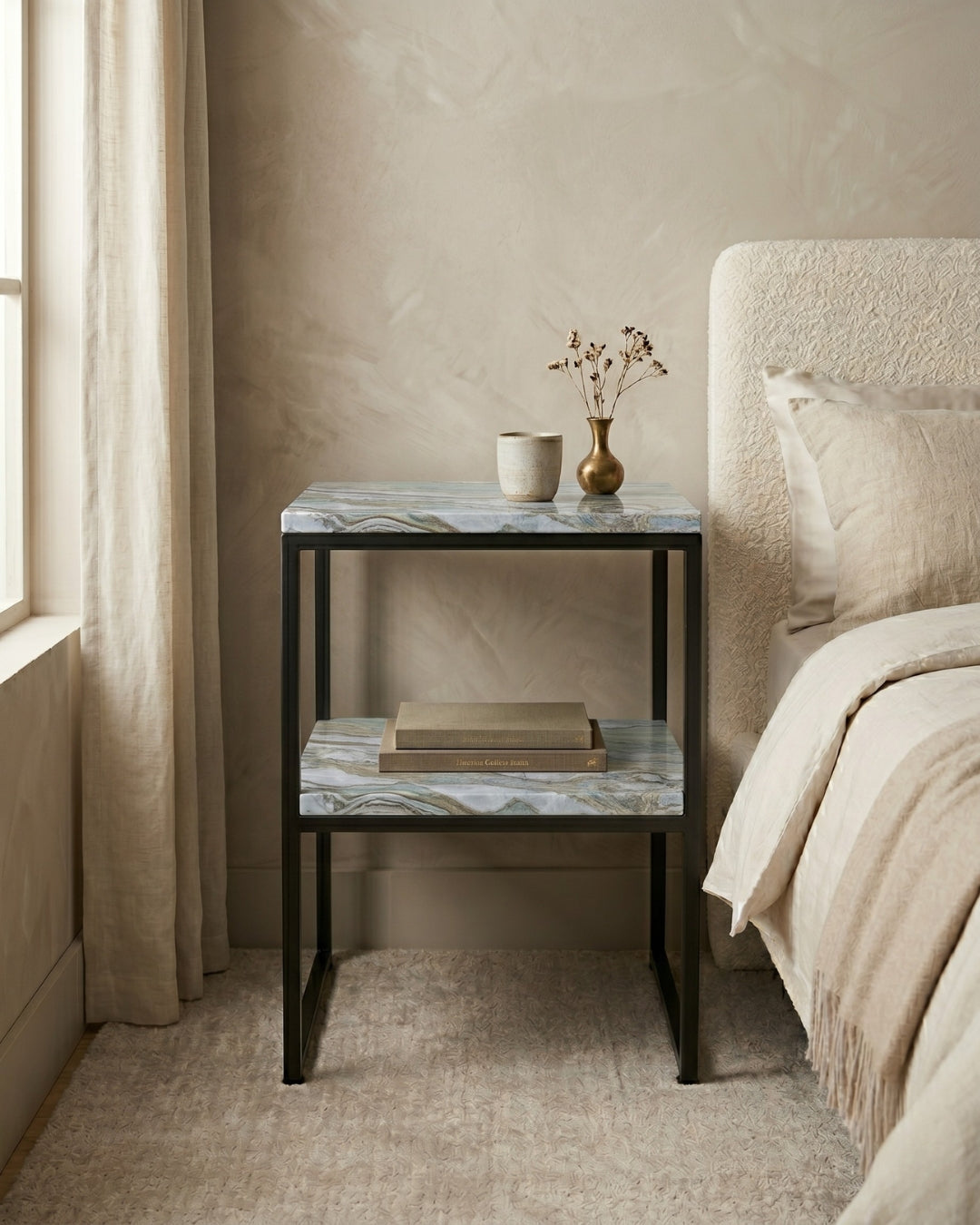 Tiffany Ocean Marble Bauhaus Night Stand With Steel Black Frame