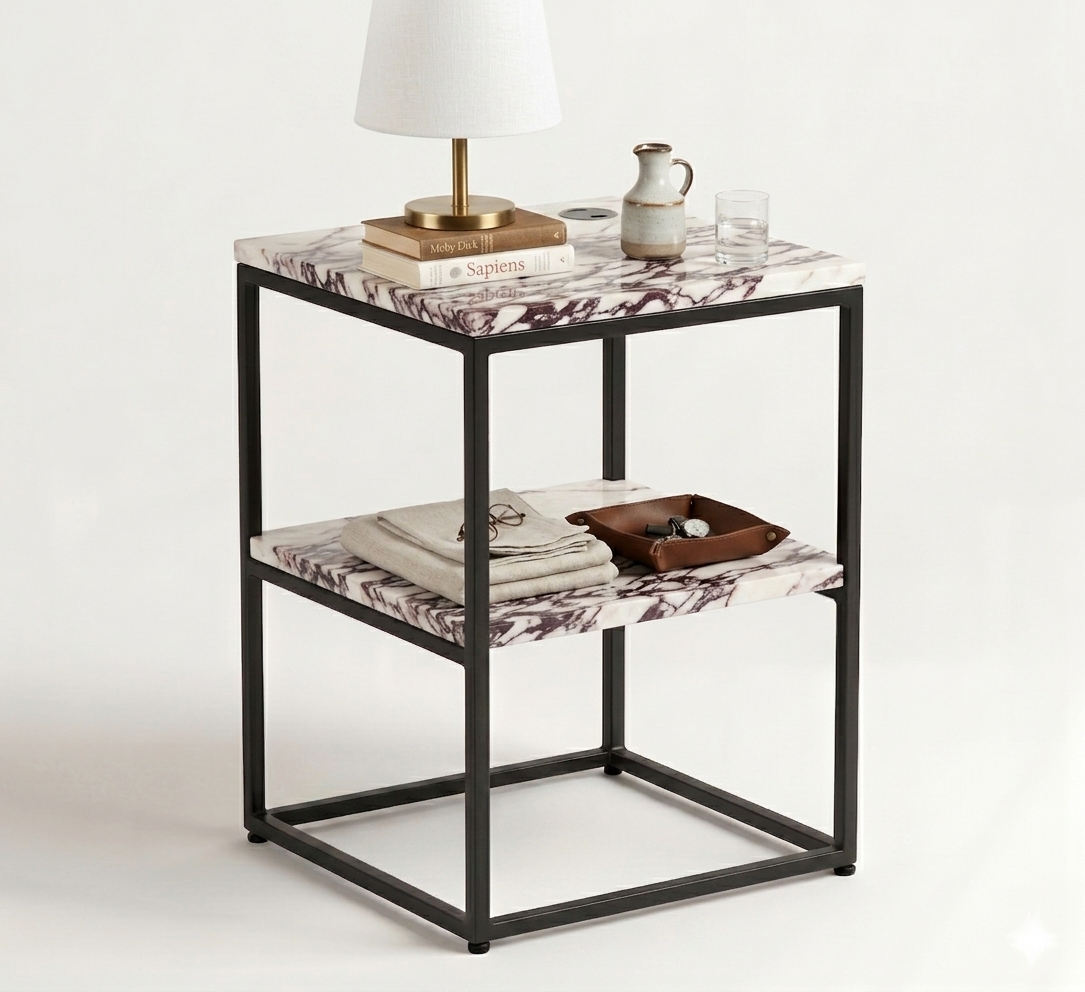 Calacatta Viola Marble - Bauhaus Inspired Night Stand With Steel Black Base Studio Decorated