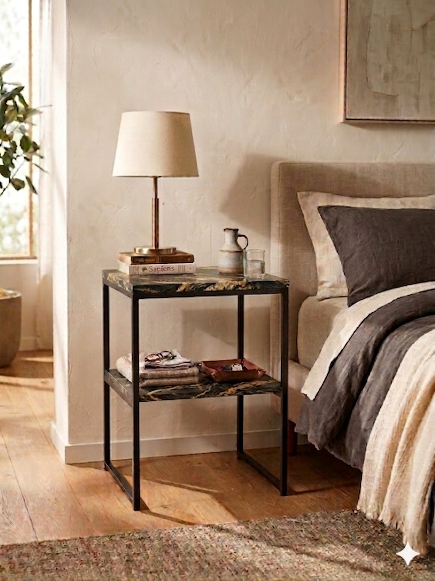 Magma Gold Granite - Bauhaus Inspired Night Stand With Steel Black Base Interior
