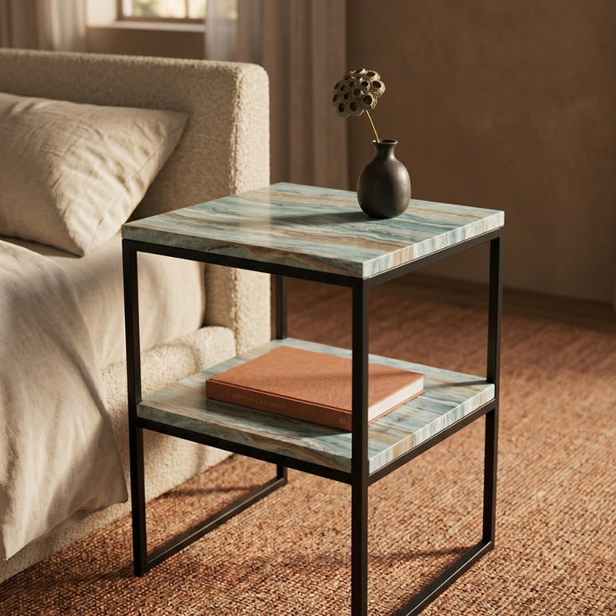 Tiffany Ocean Marble Bauhaus Night Stand With Steel Black Frame