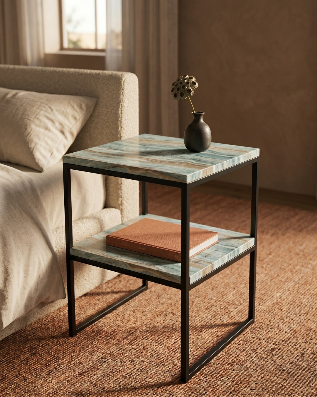 Tiffany Ocean Marble Bauhaus Night Stand With Steel Black Frame
