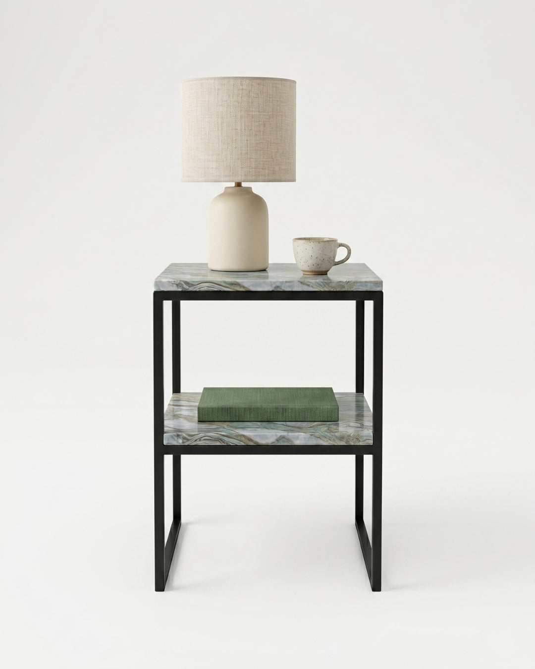 Tiffany Ocean Marble Bauhaus Night Stand With Steel Black Frame