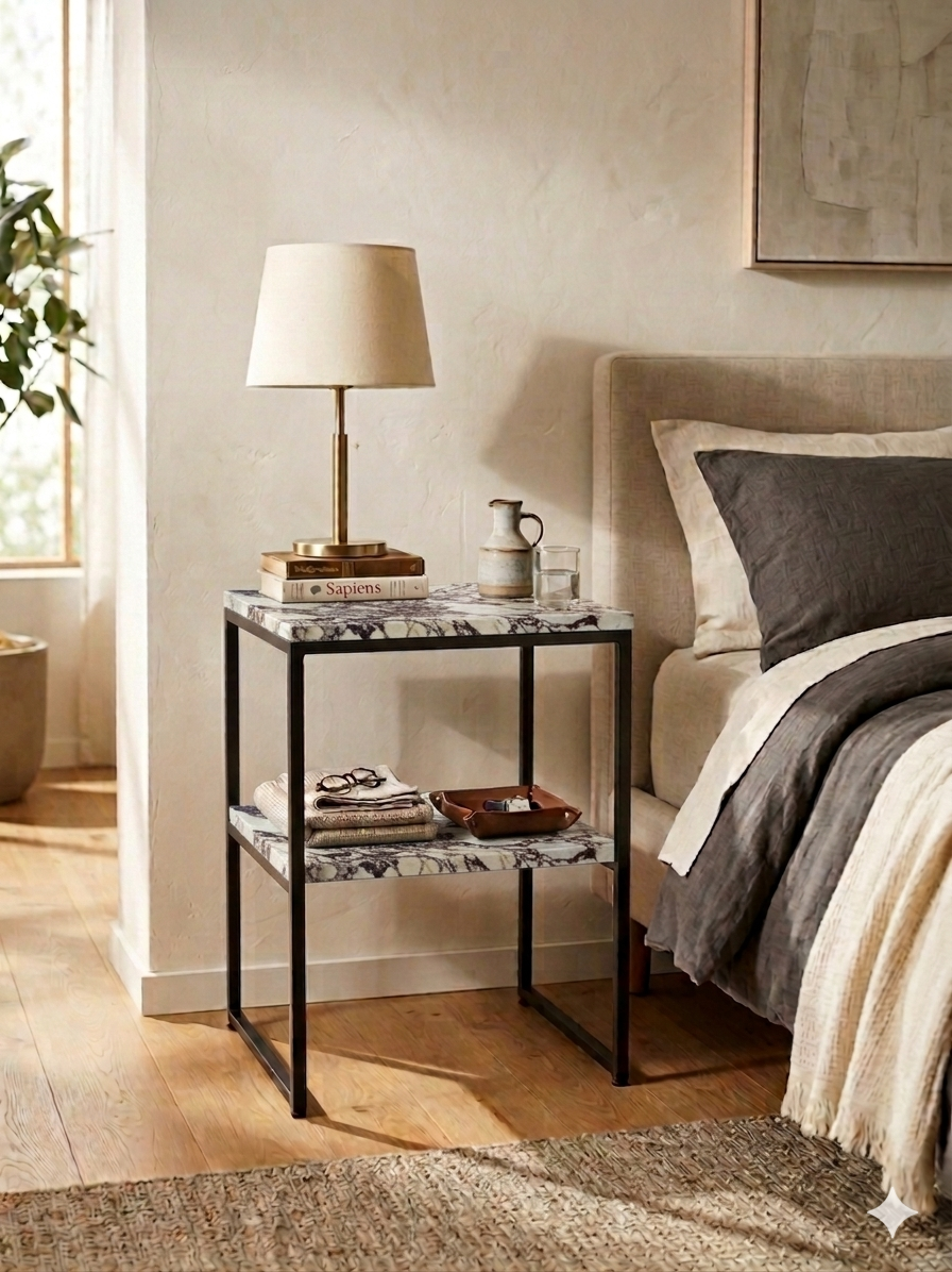 Calacatta Viola Marble - Bauhaus Inspired Night Stand With Steel Black Base Interior