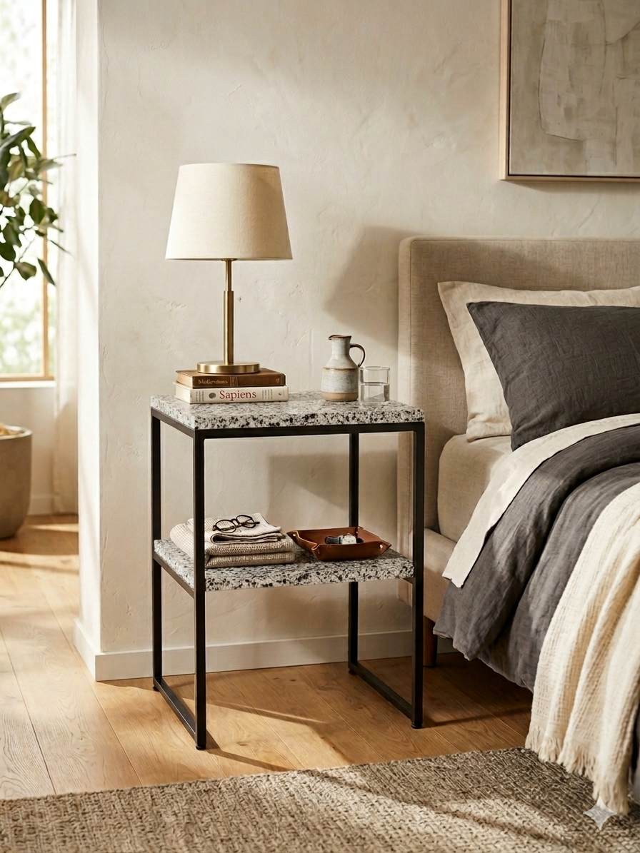 Halayeb Granite - Bauhaus Inspired Night Stand With Steel Black Base