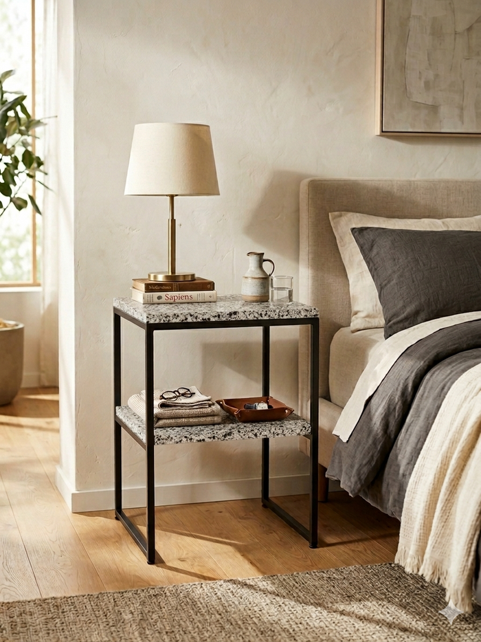 Halayeb Granite - Bauhaus Inspired Night Stand With Steel Black Base