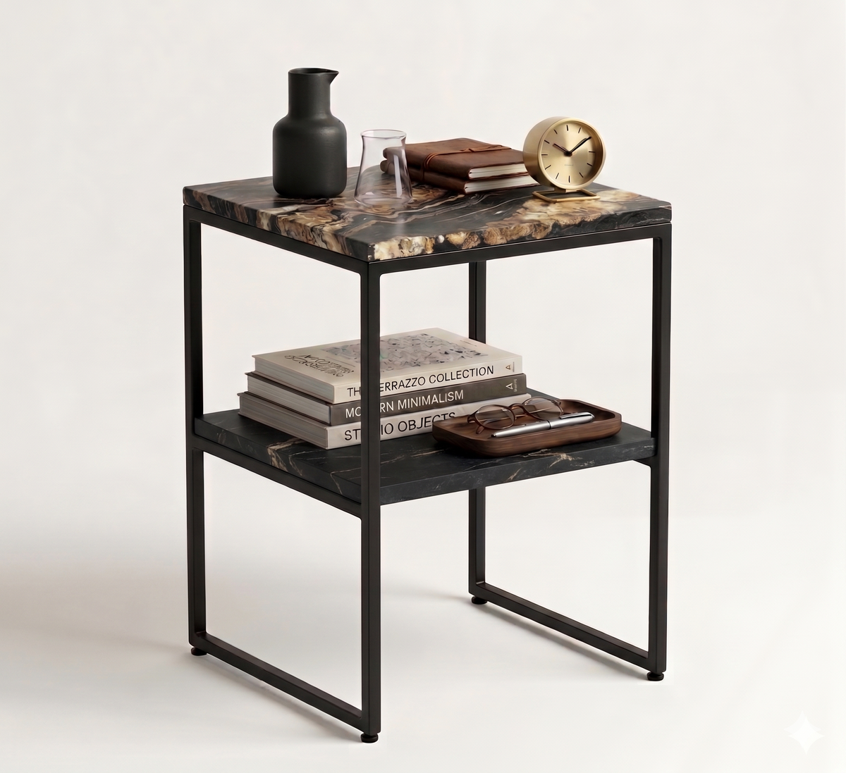 Magma Gold Granite - Bauhaus Inspired Night Stand With Steel Black Base Studio Decorated